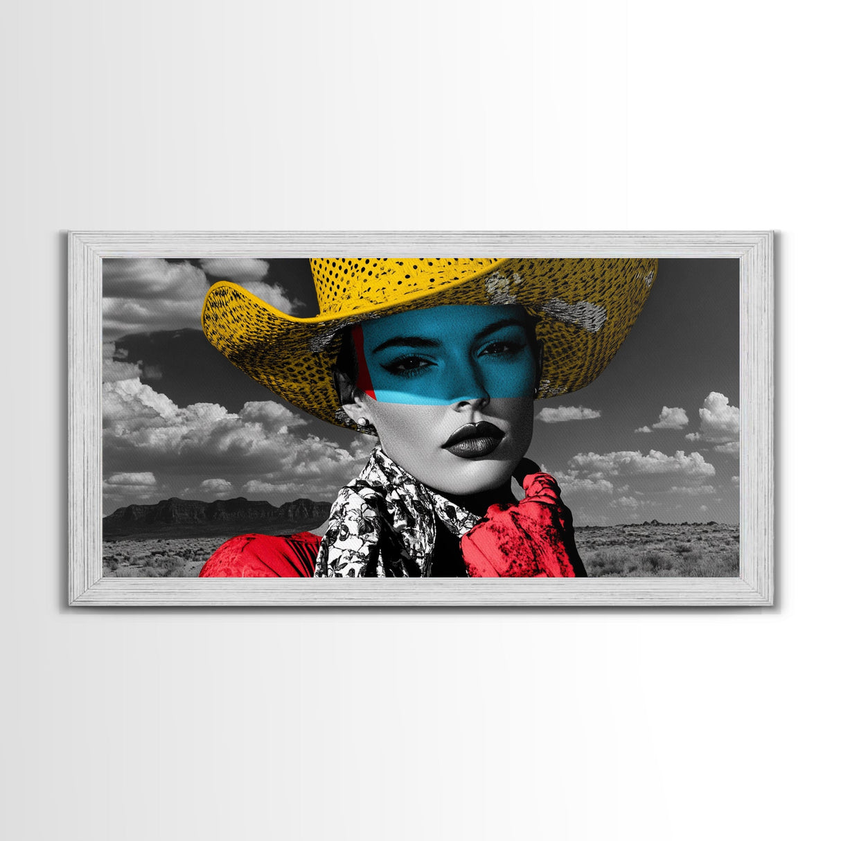Western Woman, Yellow Hat, Desert Portrait, Fashion Pop Art, Framed Canvas Print, Bold Bedroom Wall Art, Glam Western Wall Decor