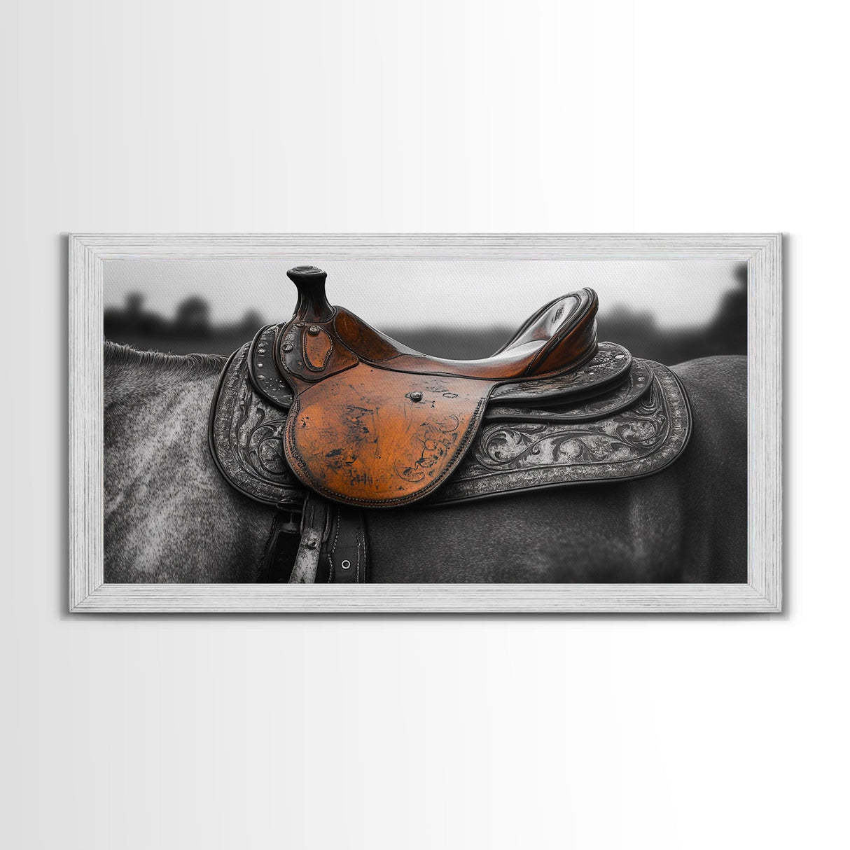Western Saddle, Leather Detail, Horseback Art, Rustic Charm, Framed Canvas Print, Cowboy Wall Art, Farmhouse Decor, Equestrian Living Room