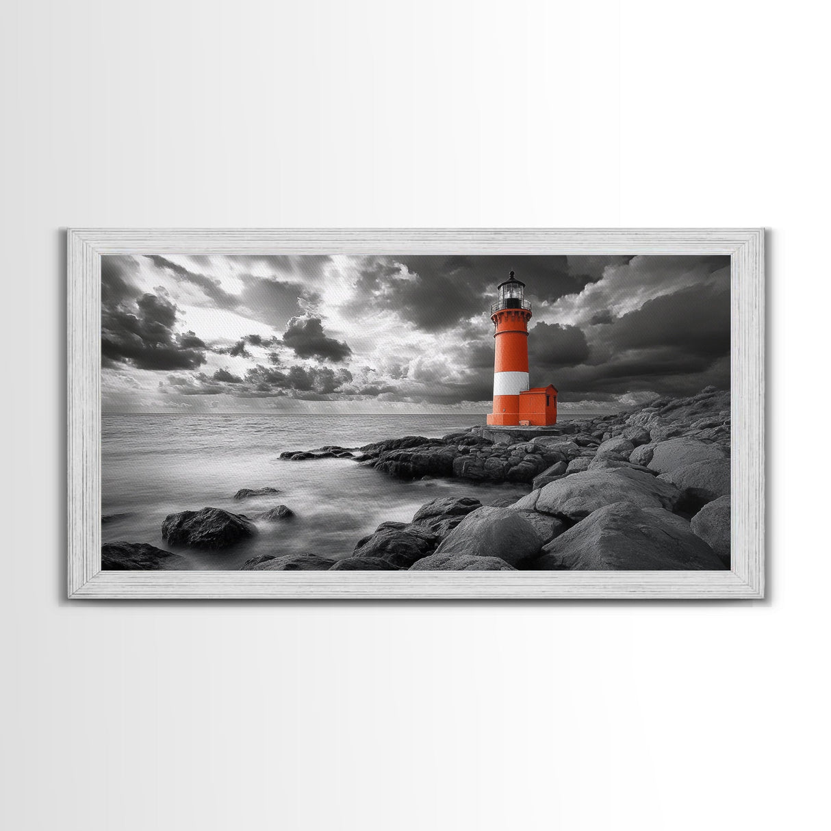 Red Lighthouse, Stormy Sea, Rocky Shore, Moody Coastal, Framed Canvas Print, Nautical Wall Art, Dramatic Bathroom Decor, Ocean Vibes