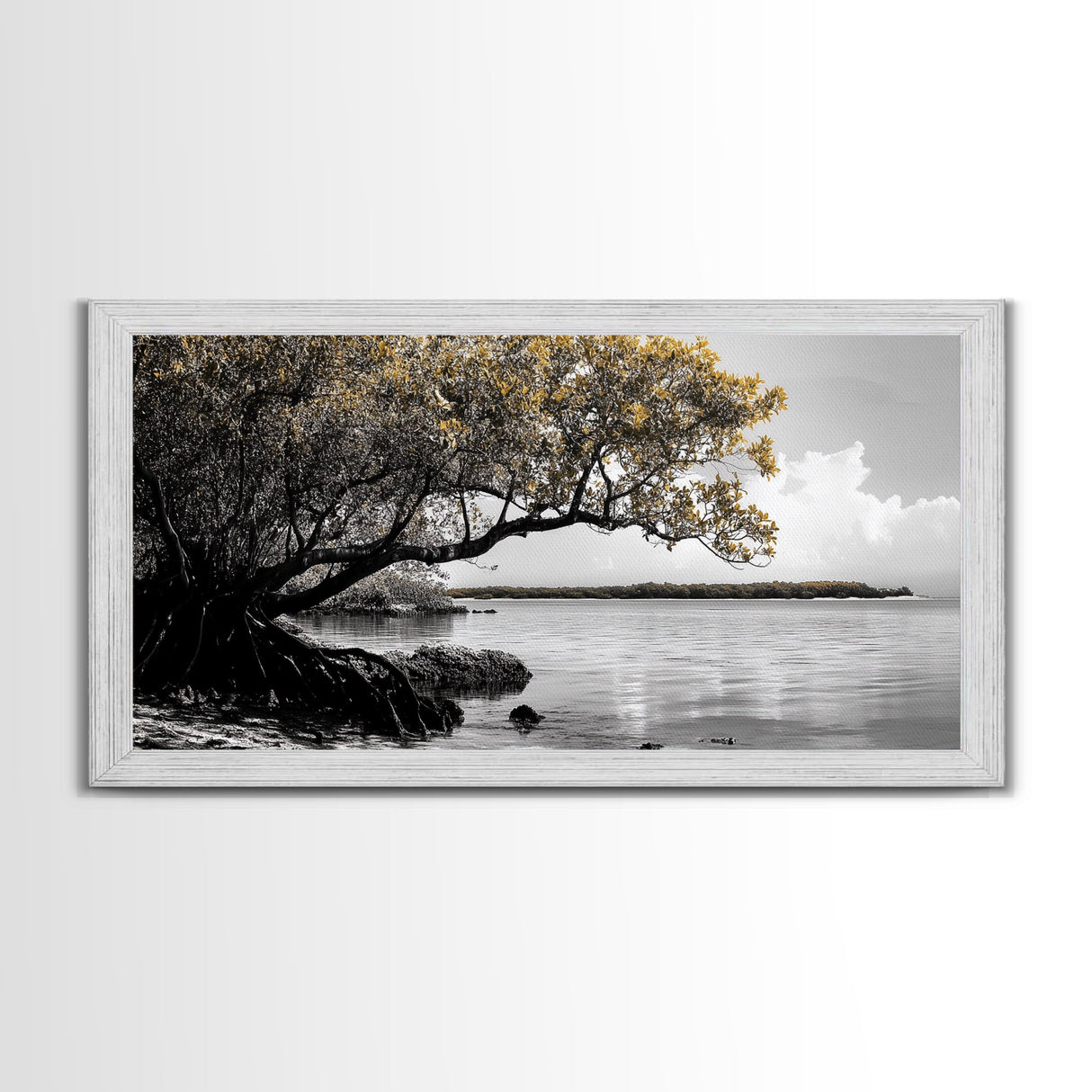 Mangrove Tree, Coastal Roots, Golden Leaves, Ocean View, Framed Canvas Print, Beach House Art, Nature Wall Decor, Minimal Coastal Vibe