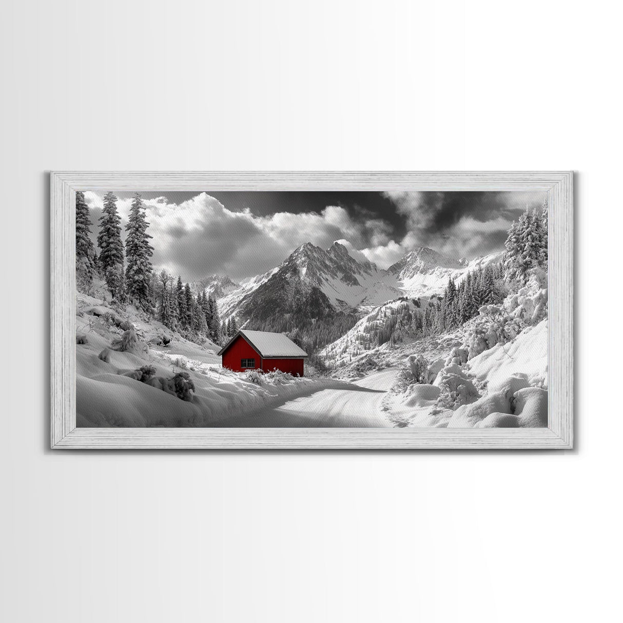 Red Cabin, Winter Mountains, Snow Forest, Canvas Print, Christmas Wall Art, Rustic Lodge Decor, Landscape Photography, Bedroom Art