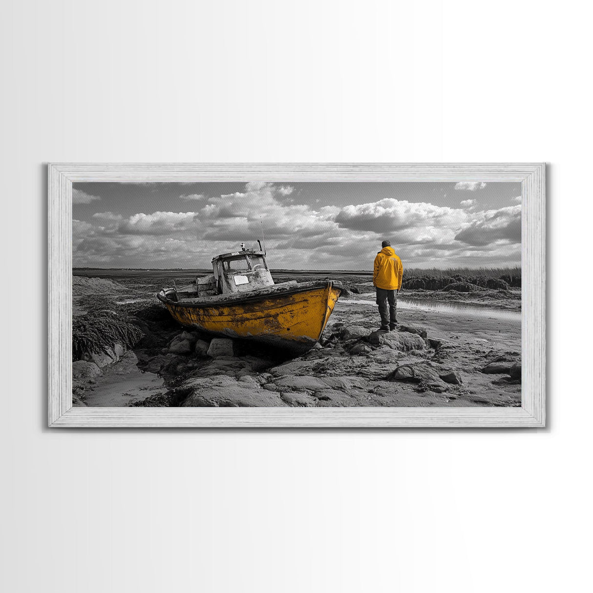 Yellow Boat, Lonely Man, Moody Shore, Framed Canvas Print, Coastal Wall Art, Nautical Decor, Masculine Home Office Style