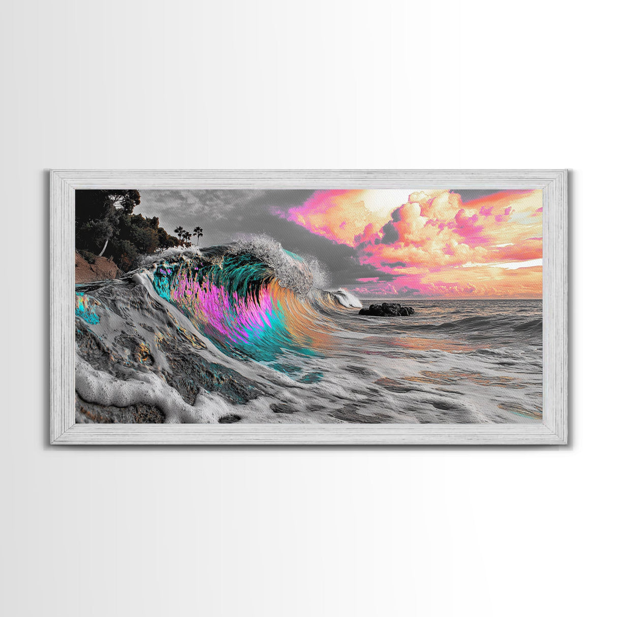 Neon Wave, Tropical Sunset, Bold Ocean Art, Framed Canvas Print, Color Pop Wall Decor, Surfer Room Style, Coastal Vibe Art