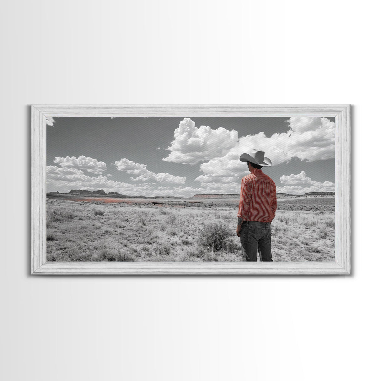 Cowboy Stare, Western Horizon, Desert Dream, American Spirit, Framed Canvas Print, Rustic Bedroom Art, Country Wall Decor, Western Style