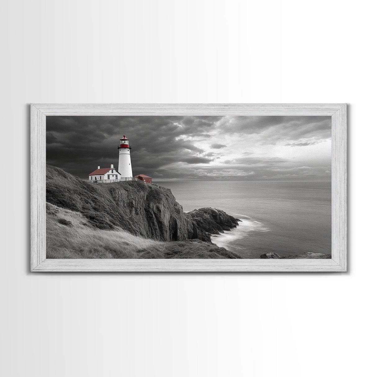 Lighthouse Ocean Storm, Coastal Cliff Light, Framed Canvas Print, Nautical Wall Art, Beach House Decor, Dramatic Sky Scene, Office Art
