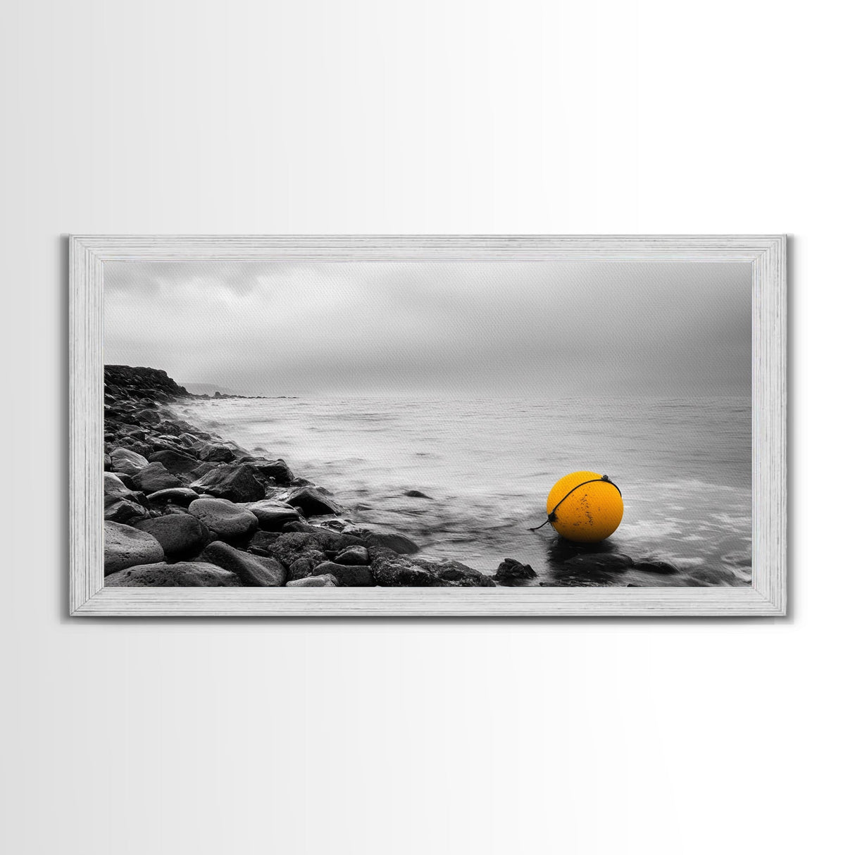 Yellow Buoy, Ocean Minimalism, Coastal Calm, Seaside Solitude, Canvas Print beach house wall decor, black and white modern art