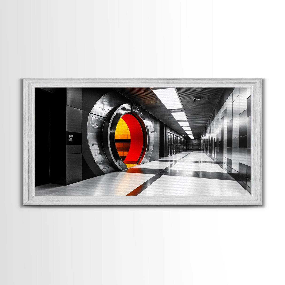 Vault Door, Futuristic Hallway, Urban Industrial Art, Sci Fi Decor, Framed Canvas Print, Office Wall Art, Red Orange Interior Glow