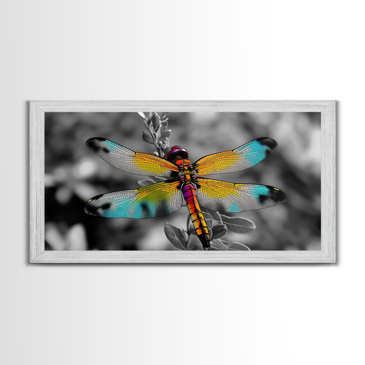 Rainbow Dragonfly, Nature Close-Up, Bold Insect Art, Canvas Print, Boho Wall Art, Botanical Decor, Vibrant Bedroom Accent Piece