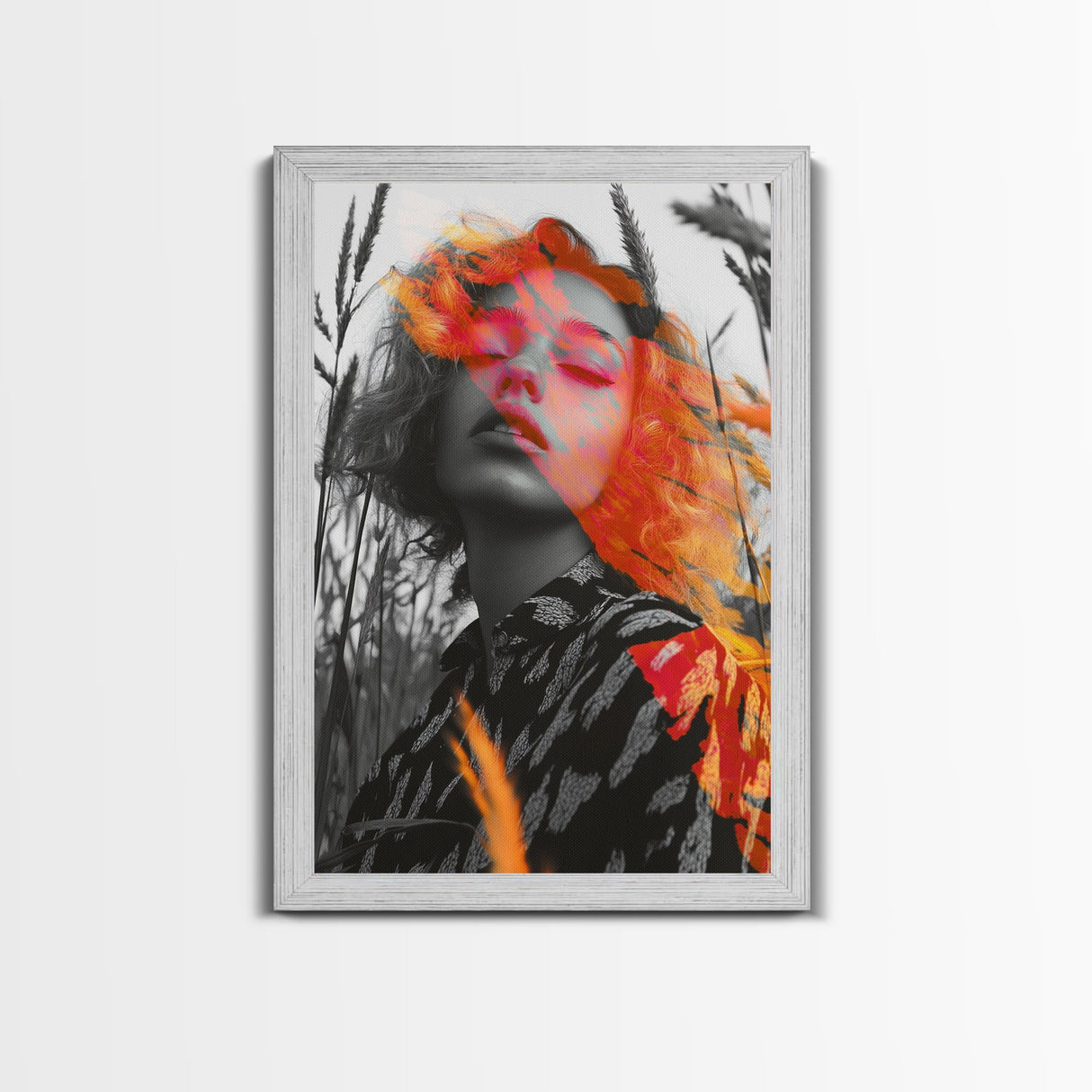Surreal Woman, Field Portrait, Neon Face Art, Framed Canvas Print, Bold Feminine Wall Art, Bedroom Decor, Modern Pop Art Print