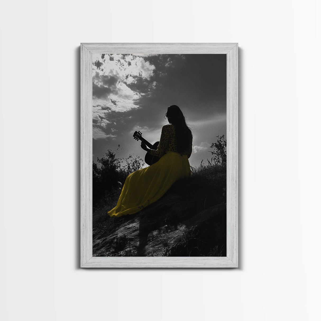 Yellow Dress, Guitar Girl, Sunset Silhouette Scene, Framed Canvas Print, Boho Music Lover Wall Art, Bedroom Fall Vibes Decor