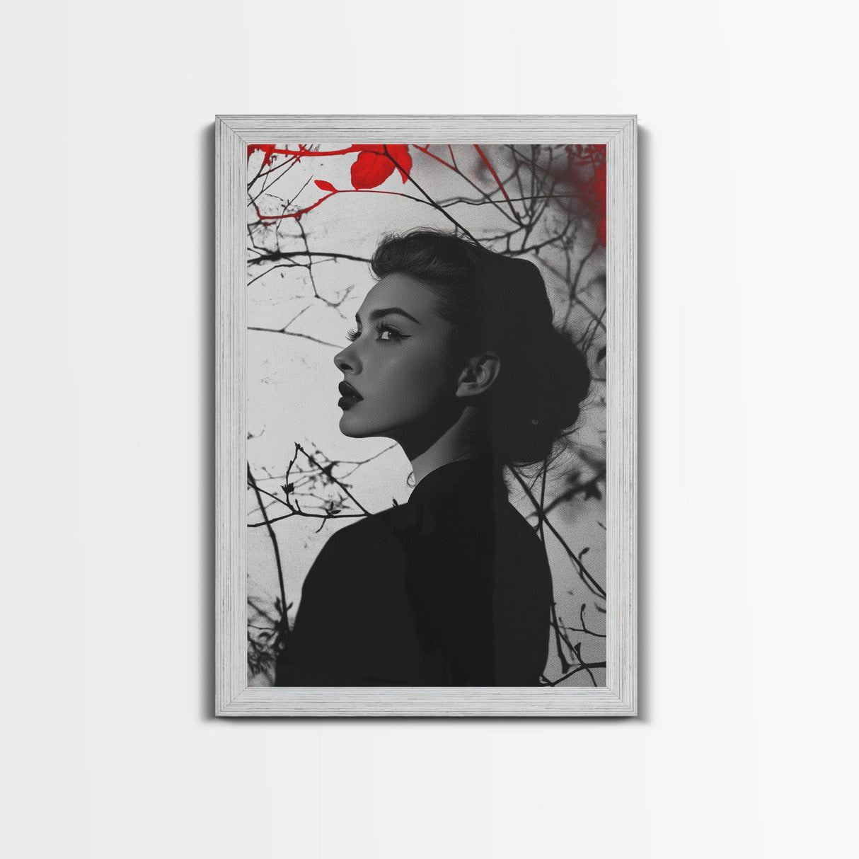 Noir Beauty, Red Accent Leaves, Dramatic Woman Profile, Framed Canvas Print, Glamour Wall Art, Gothic Bedroom Decor, Monochrome Style