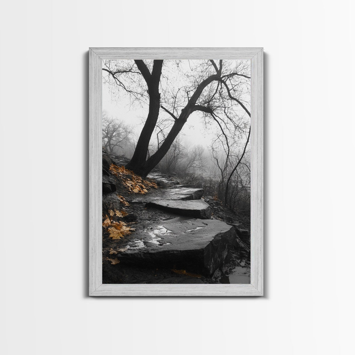 Stone Path, Autumn Trail, Moody Forest, Yellow Leaves, Canvas Print, Fall Nature Wall Art, Rustic Entryway Decor, Misty Woodland Scene