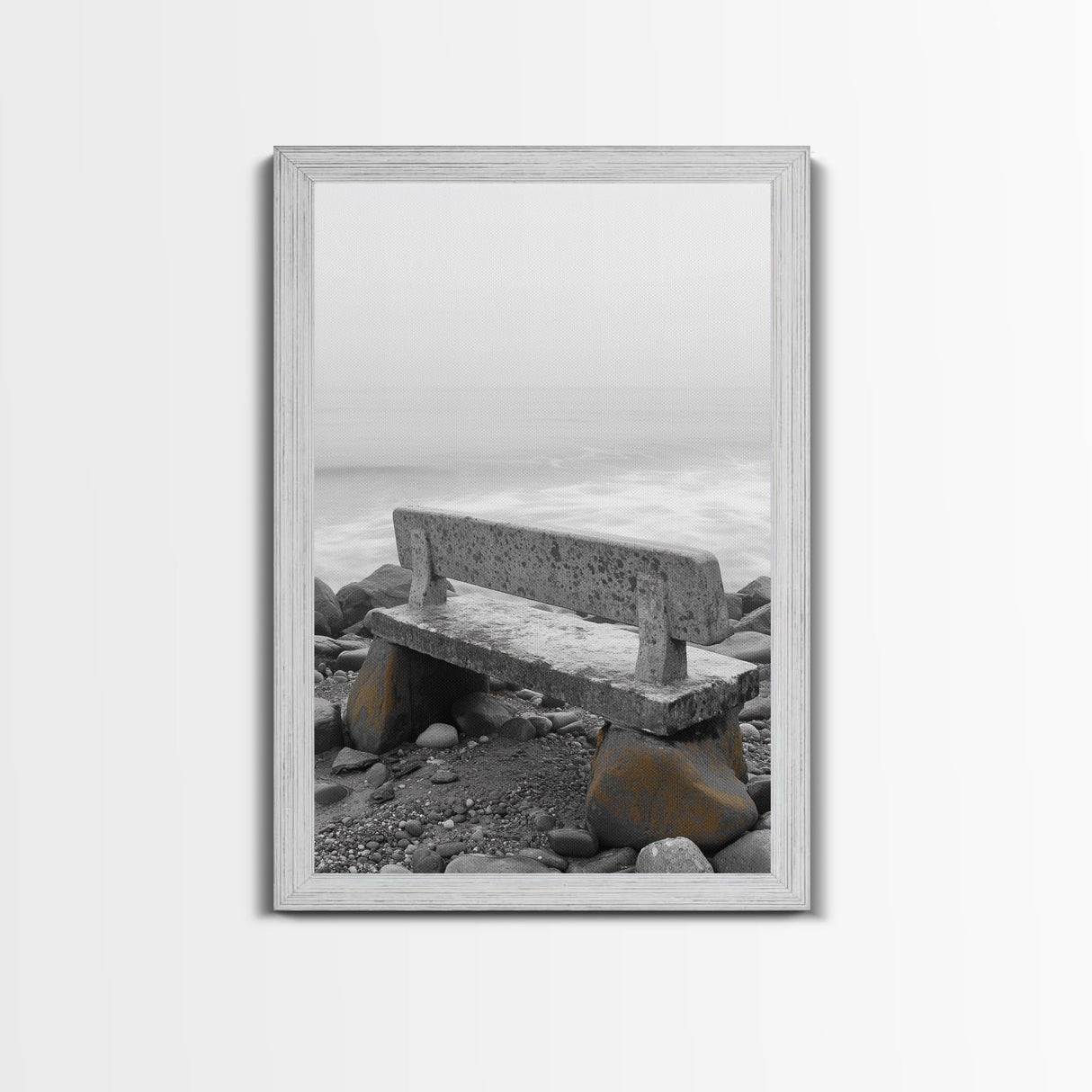 Seaside Bench, Rocky Shore, Ocean Fog, Coastal Calm, Framed Canvas Print, Minimalist Beach Art, Coastal Decor, Serene Ocean View