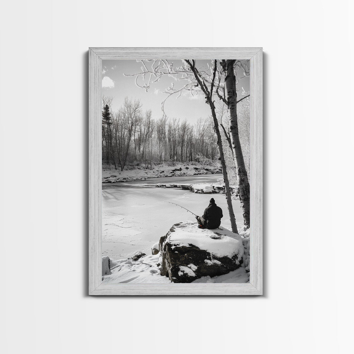 Winter Fishing, Snowy River, Peaceful Solitude, Canvas Print, Cabin Wall Art, Rustic Outdoor Decor, Black White Nature Photography