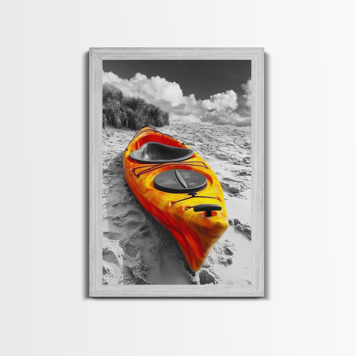 Vibrant Kayak, Sandy Beach, Summer Adventure Vibe, Canvas Print, Coastal Wall Art, Bold Color Photography, Outdoor Lover Gift