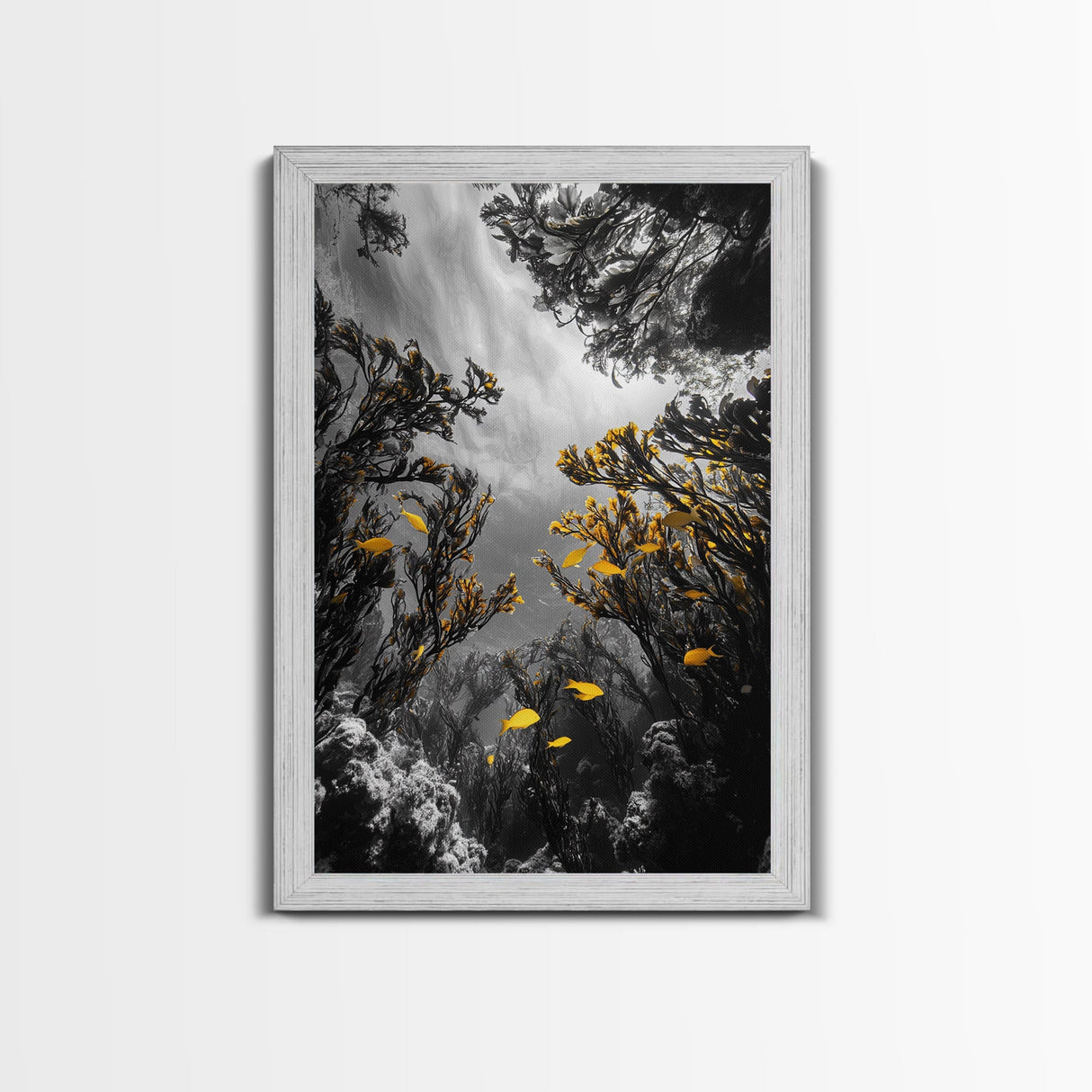Golden Fish, Kelp Forest, Ethereal Ocean Scene, Framed Canvas Print, Underwater Wall Art, Nature Photography, Bathroom Sea Decor