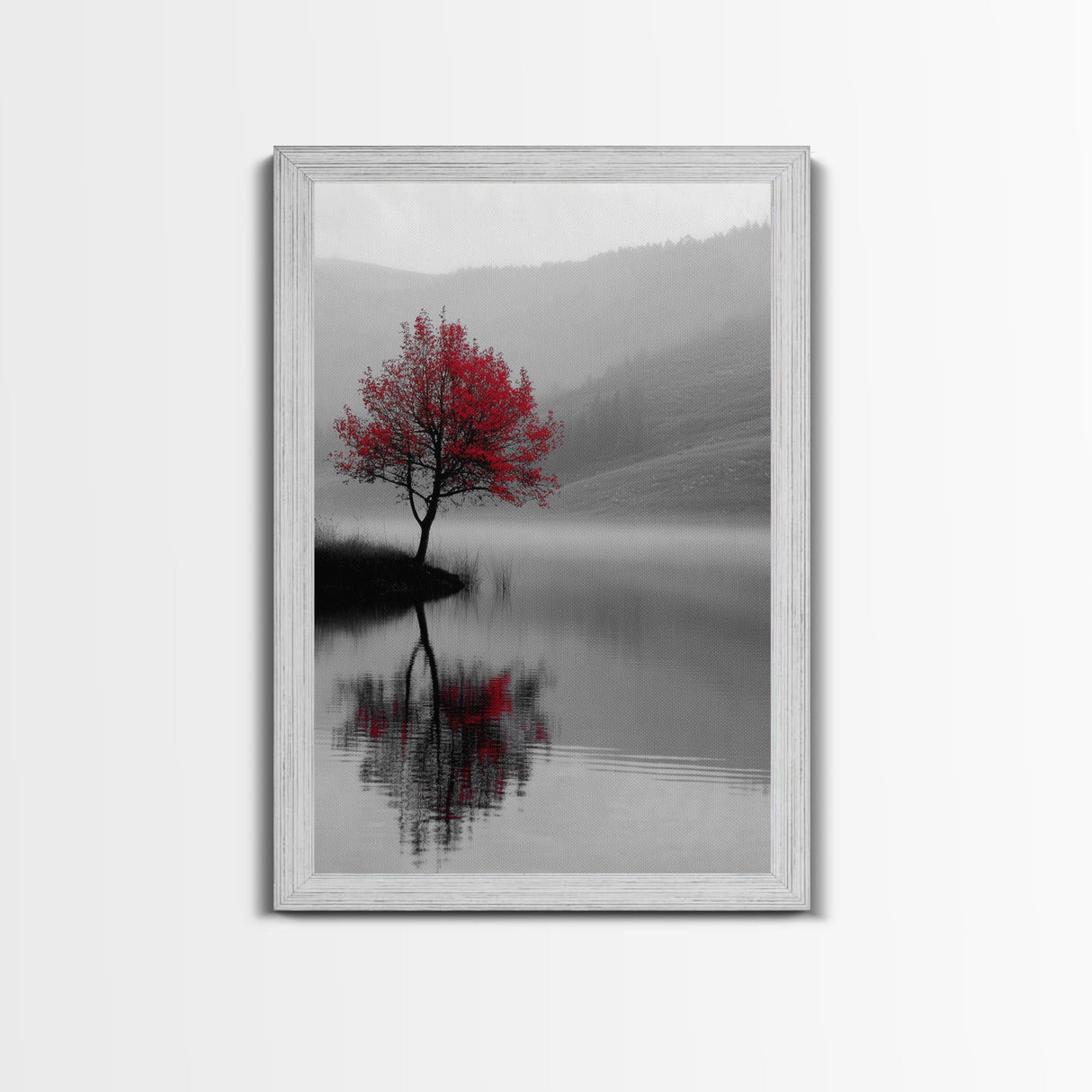 Red Tree, Foggy Lake, Peaceful Landscape Scene, Framed Canvas Print, Autumn Nature Wall Art, Minimalist Fall Decor, Moody Aesthetic