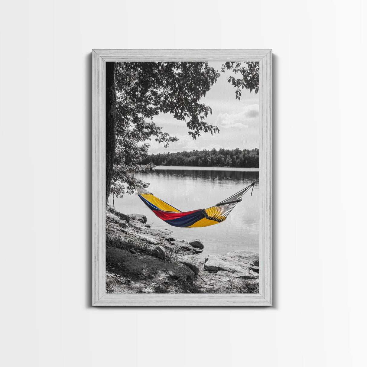 Hammock Lake Scene, Peaceful Nature Art, Fall Outdoors, Relaxed Escape, Framed Canvas Print, boho decor, bedroom art, cozy wall print