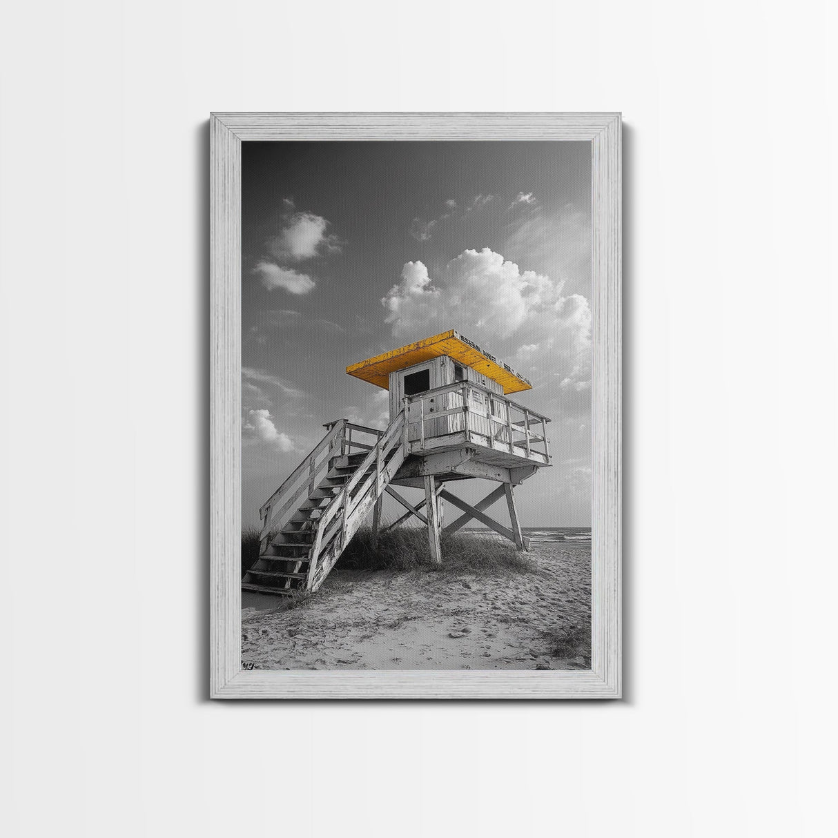 Lifeguard Tower Yellow, Beach Escape, Summer Vibe Art, Ocean Watch Post, Framed Canvas Print, coastal home decor, beach house wall art