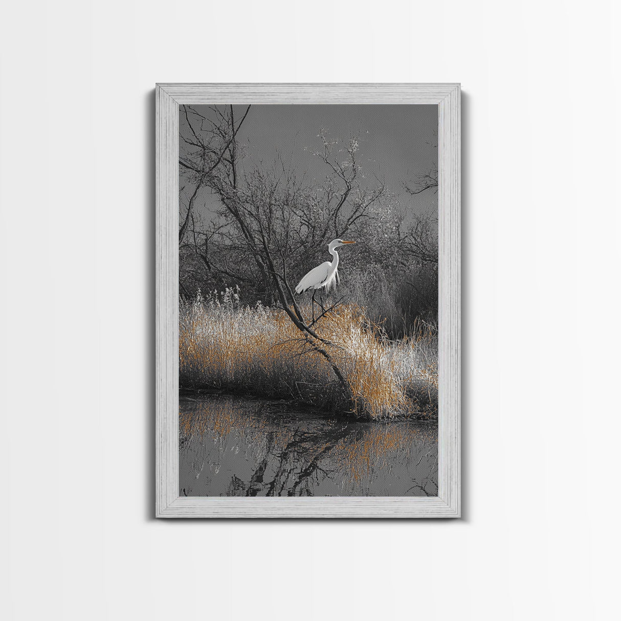Egret Bird Scene, Autumn Riverbank, Wildlife Nature Print, Moody Wetland Landscape, Framed Canvas Print, Rustic Living Room Wall Art