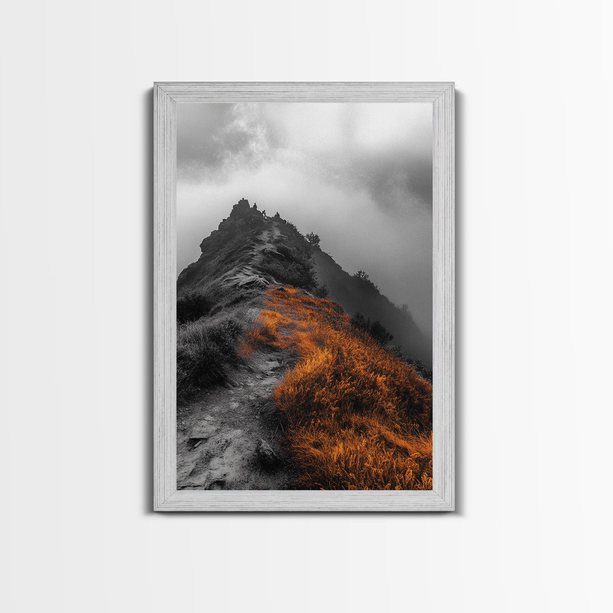Misty Mountain Hike, Orange Trail Grass, Adventure Explorer Print, Moody Wilderness Scene, Framed Canvas Print, Rustic Cabin Wall Art