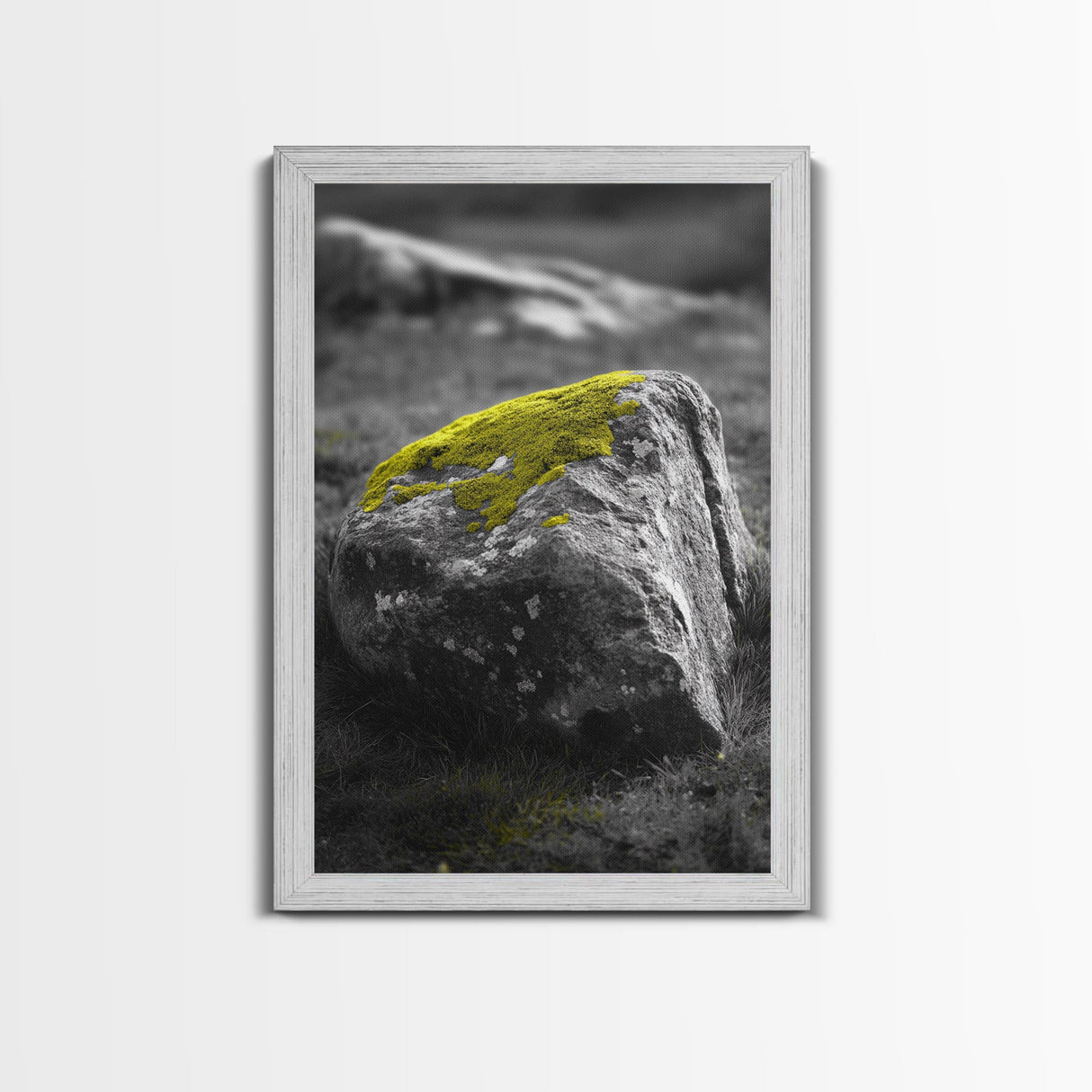 Mossy Stone Closeup, Earthy Nature Texture, Minimal Landscape Print, Framed Canvas Print, Modern Office Wall Decor, Zen Rock Art