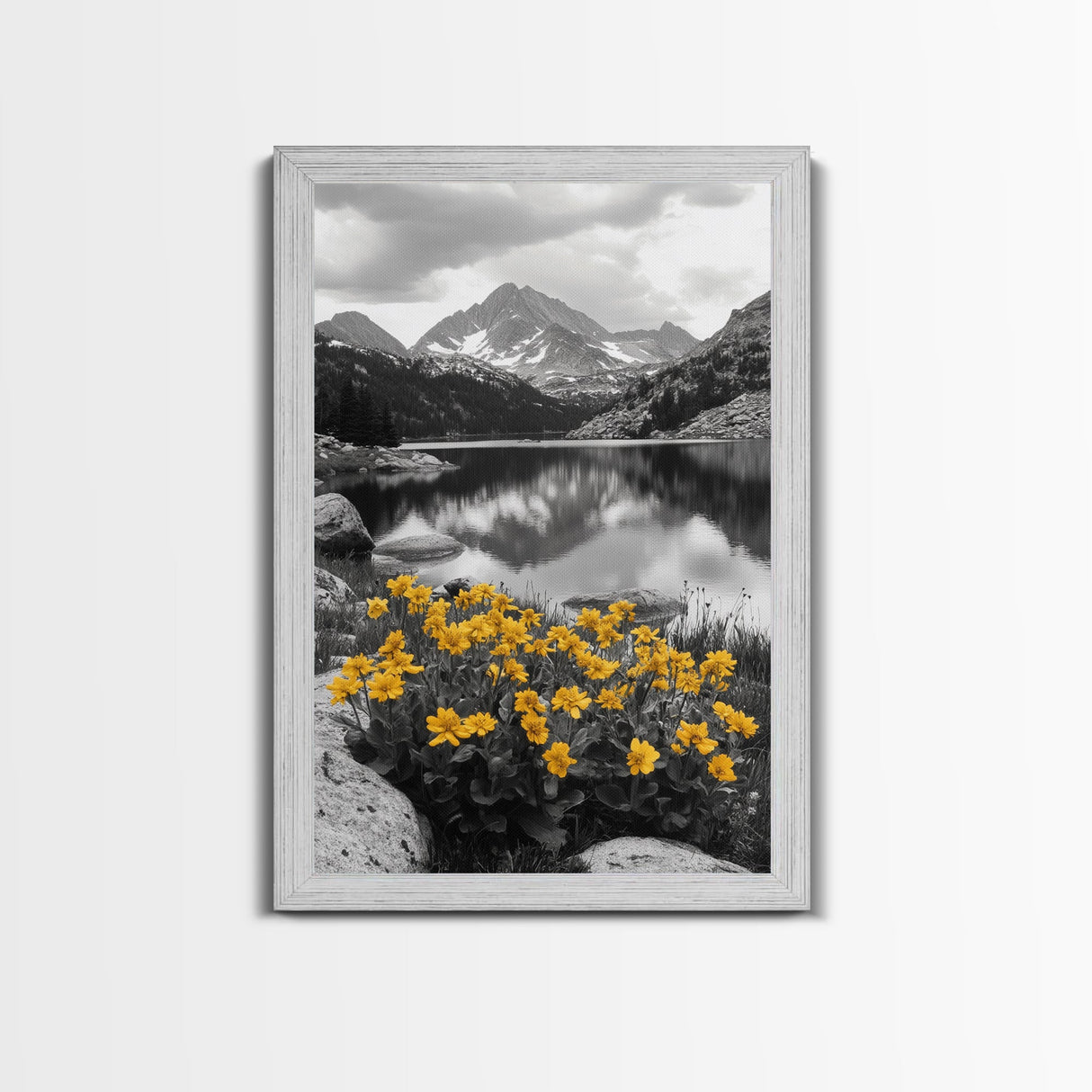 Yellow Wildflowers Lake, Alpine Meadow, Monochrome Landscape, Canvas Print, Kitchen Wall Art, Spring Nature Photography Decor