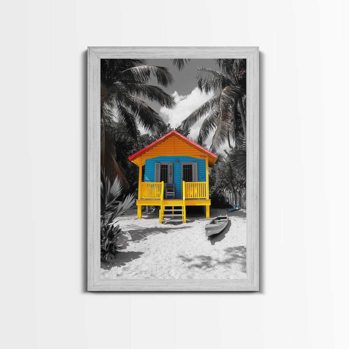 Tropical House, Beach Cabin, Bright Home, Summer Colors, Framed Canvas Print coastal wall decor, boho beach house art, tropical wall art