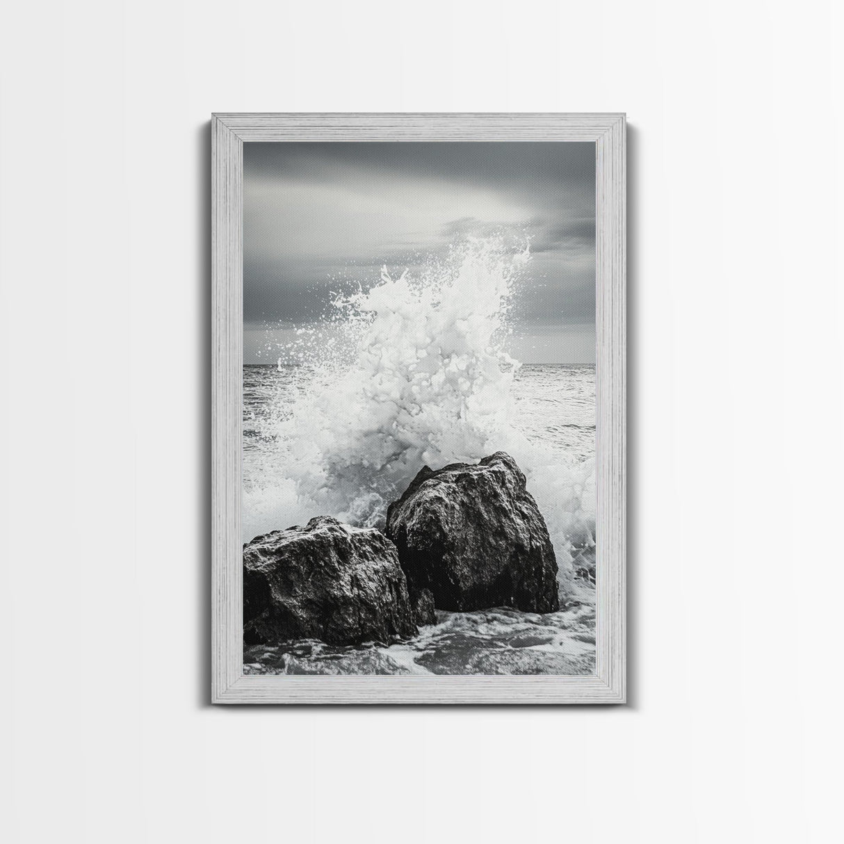 Ocean Splash, Rocky Coast, Dramatic Seascape, Monochrome Power, Framed Canvas Print, Coastal Wall Art, Entryway or Office Decor