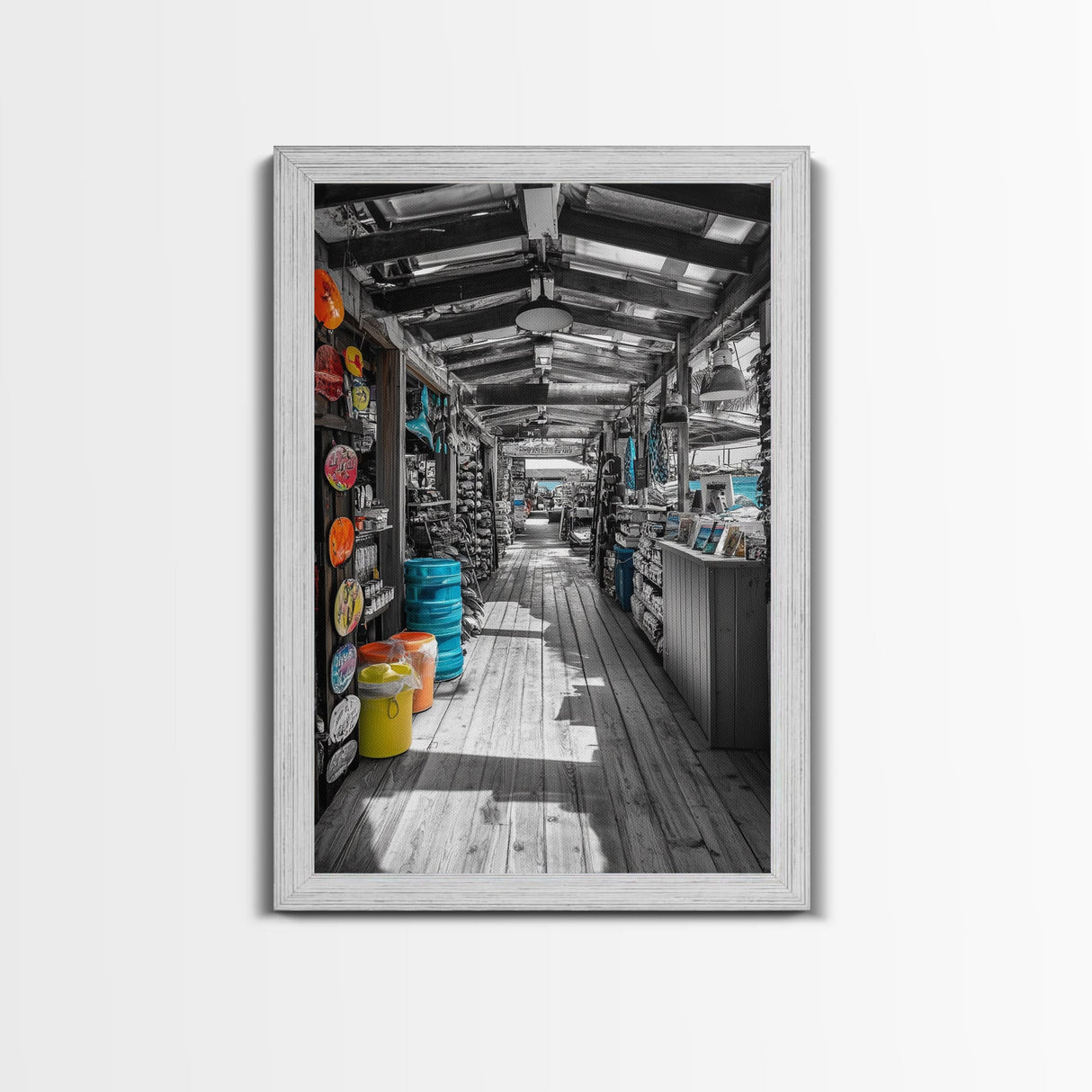 Market Stroll, Beach Shop, Coastal Market, Tropical Life, Framed Canvas Print, Boho Beach Art, Kitchen or Entryway Wall Art