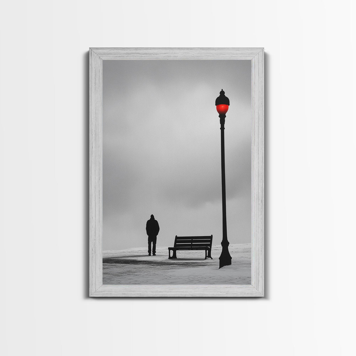 Red Street Lamp, Snowy Walkway, Silhouette Scene, Framed Canvas Print, Moody Wall Art, Minimalist Decor, Winter Vibes, Bedroom Accent