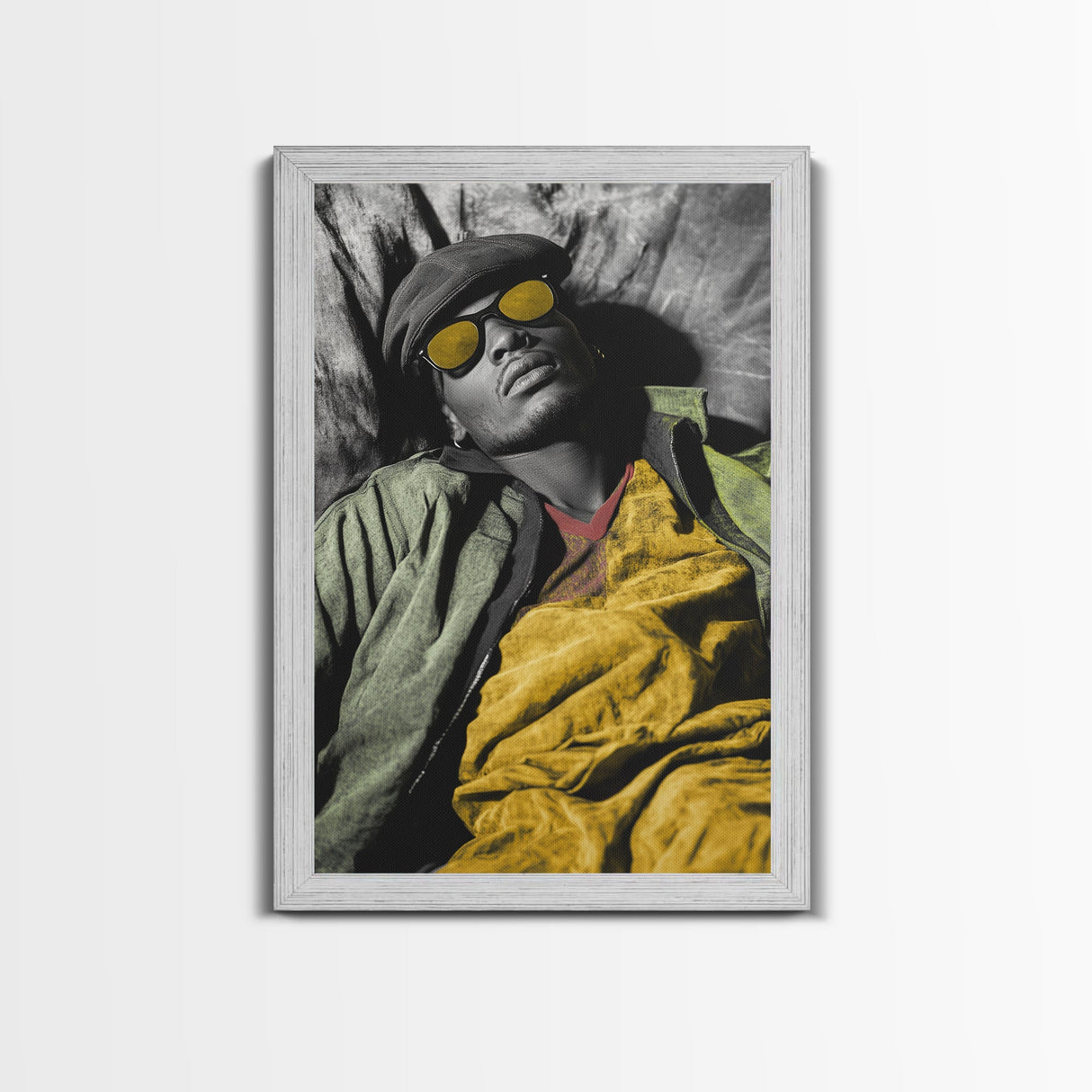 Urban Cool, Yellow Shades, Relaxed Style, Bold Portrait, Framed Canvas Print streetwear photography print, modern bedroom wall art