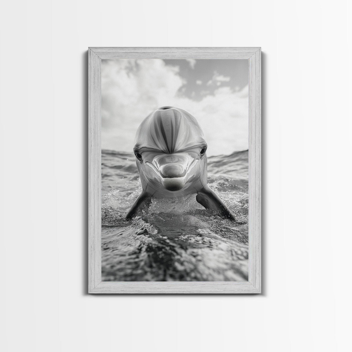 Dolphin Splash, Ocean Encounter, Monochrome Wildlife, Canvas Print, Coastal Wall Art, Bathroom Decor, Marine Animal Photography