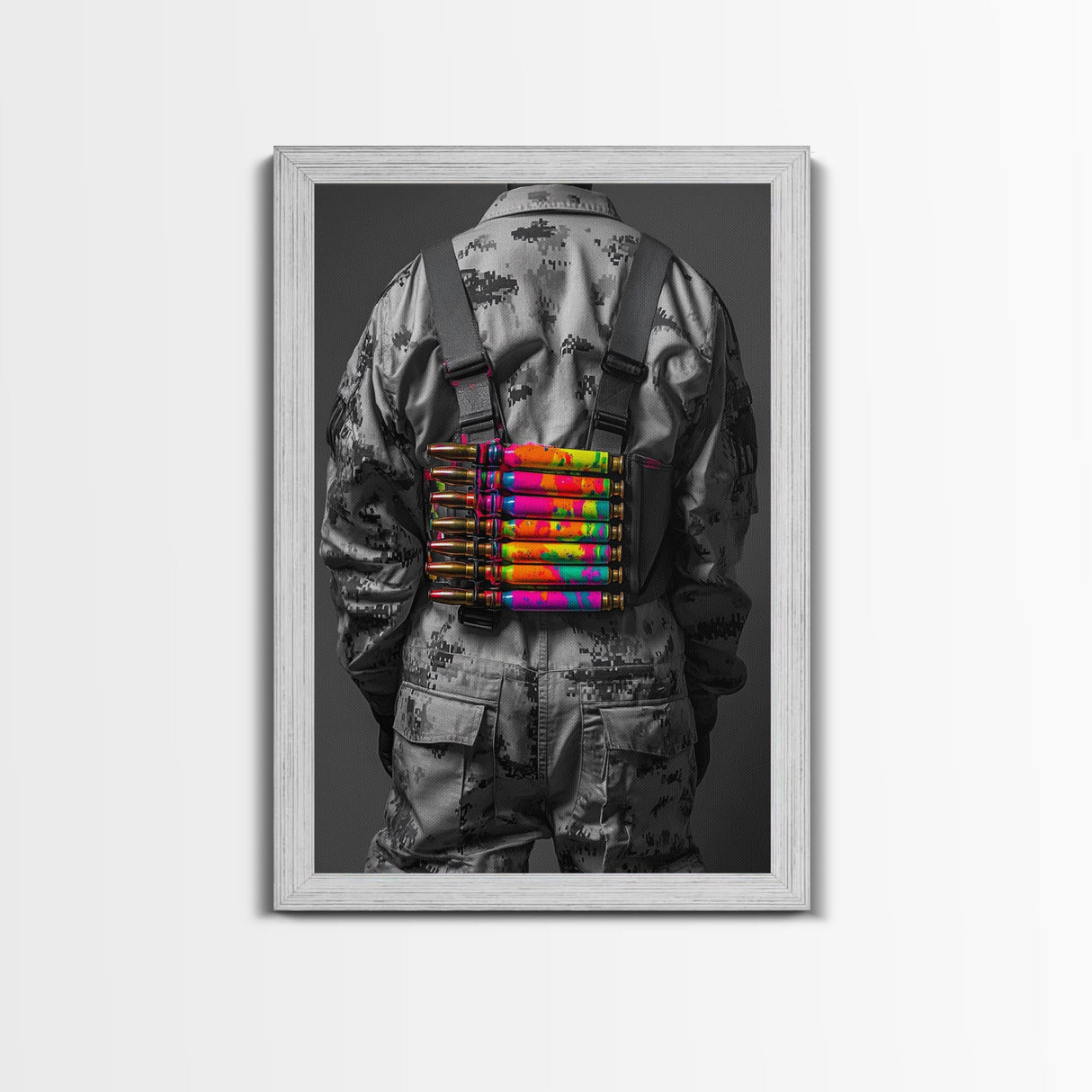 Colorful Ammo Art, Bold Bullets, Neon War, Framed Canvas Print, Urban Wall Art, Edgy Decor, Man Cave Accent, Pop Art Style