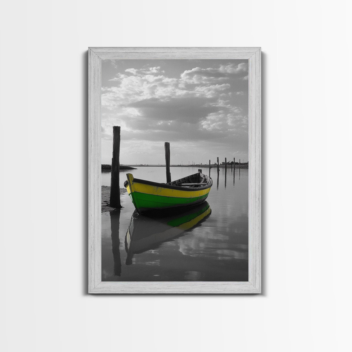Green Yellow Boat, Serene Reflection, Dockside Calm, Framed Canvas Print, Coastal Bedroom Decor, Minimal Nautical Wall Art