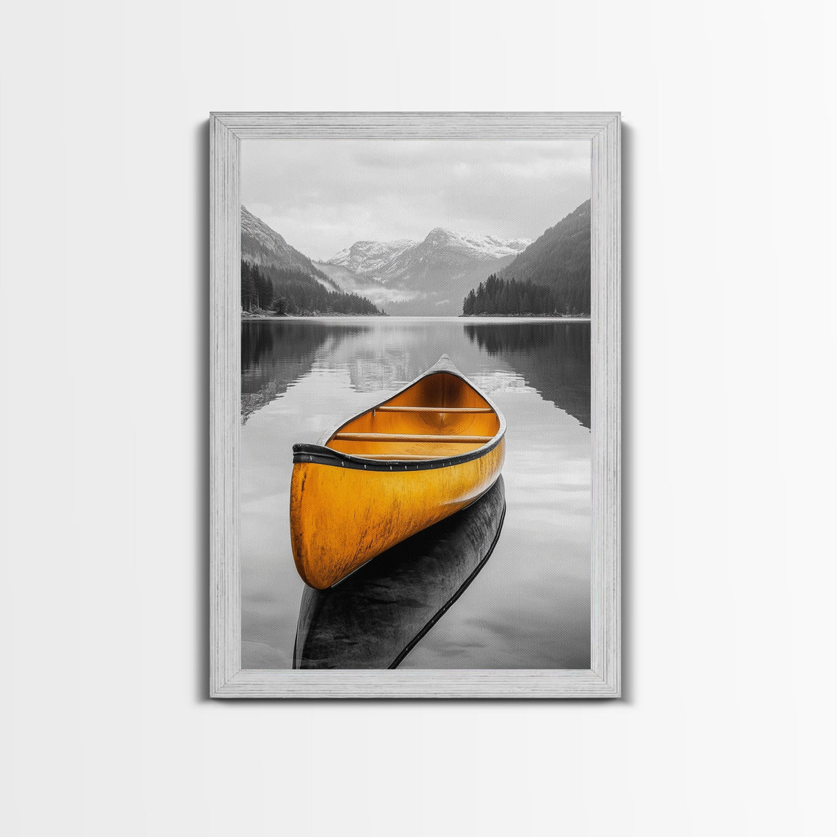 Yellow Canoe Lake, Misty Mountain Art, Canvas Print, Adventure Decor, Cabin Living Wall Art, Rustic Landscape Photo