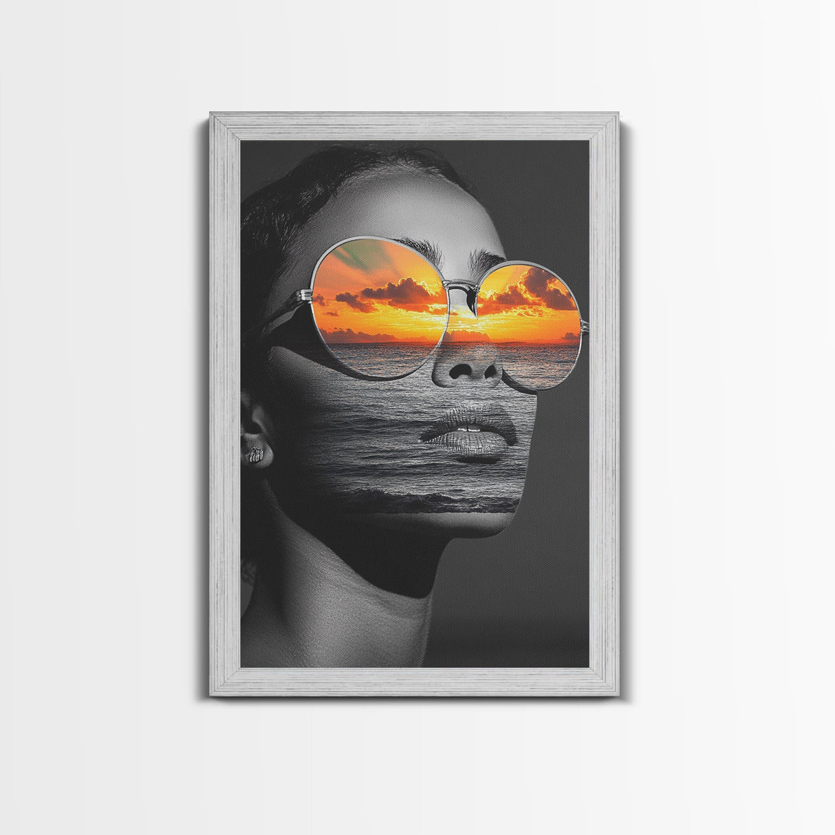 Surreal Sunset Face, Ocean Reflection, Fashion Photography, Abstract Beauty, Framed Canvas Print, Bedroom Wall Art, Modern Pop Art