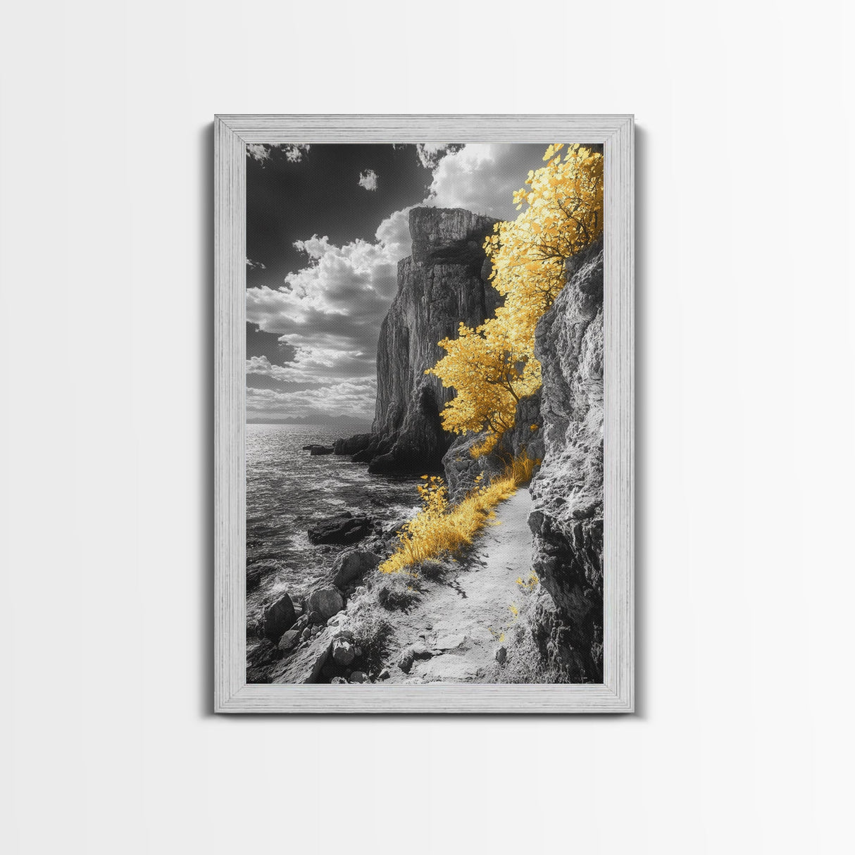 Golden Trees, Dramatic Cliff Path, Ocean Horizon, Nature Escape, Framed Canvas Print, Rustic Wall Art, Autumn Decor, Entryway Art