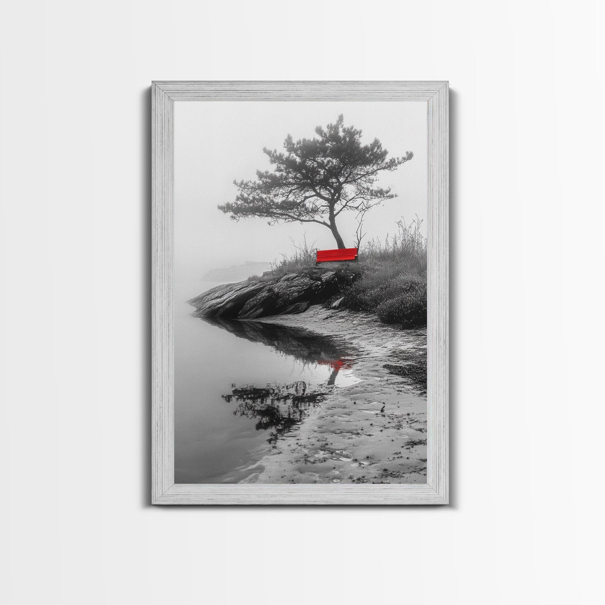 Red Bench, Misty Shore, Solitude Scene, Moody Fog Art, Framed Canvas Print, Minimalist Wall Art, Meditative Decor, Entryway Accent