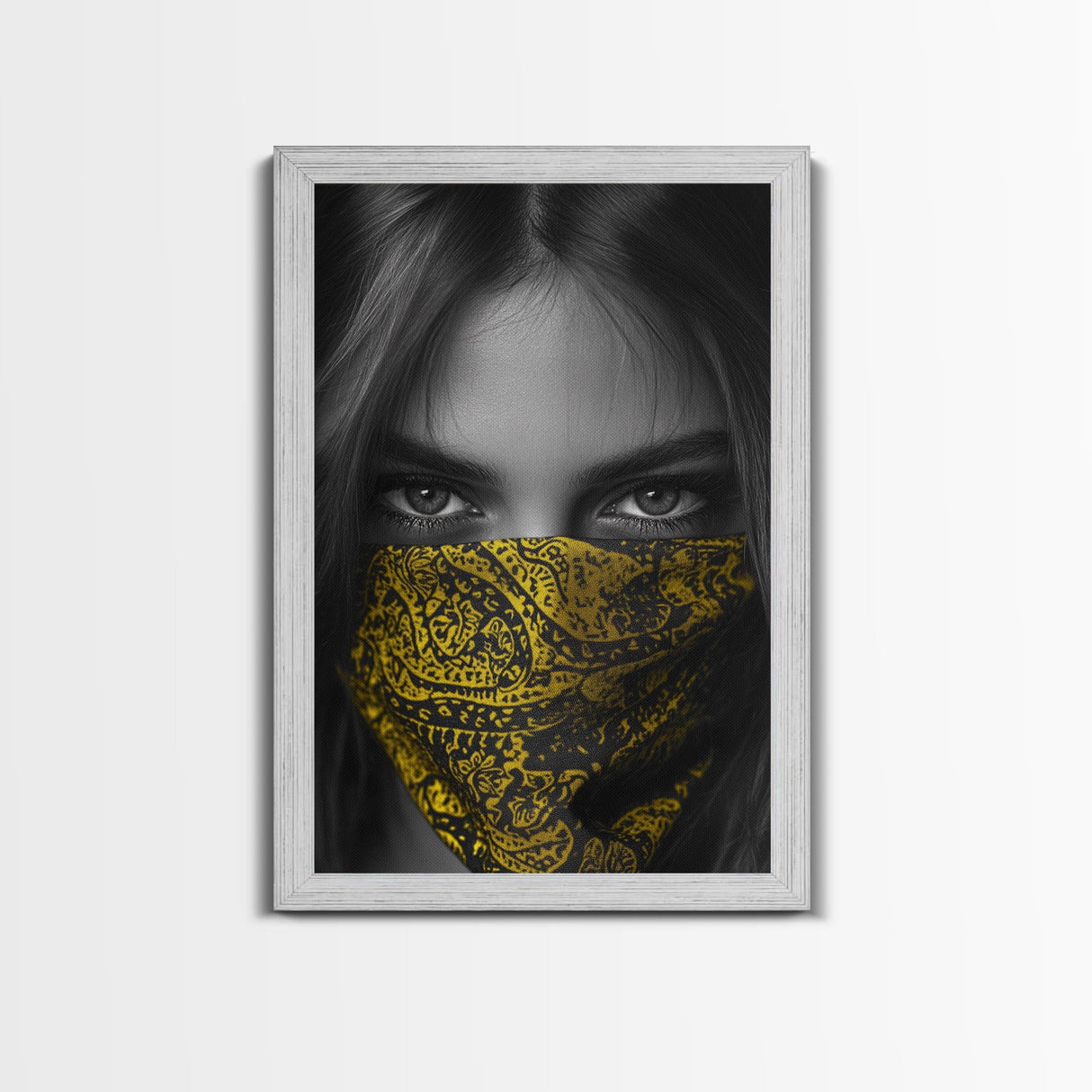 Yellow Bandana Girl, Intense Eyes, Street Portrait, Framed Canvas Print, Modern Photography, Teen Bedroom Wall Art, Bold Style