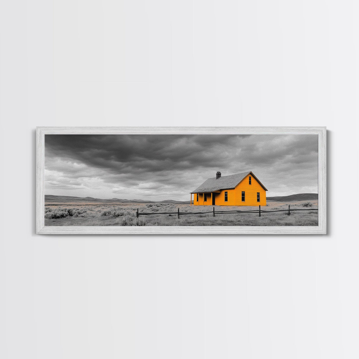 Yellow House, Stormy Sky, Minimalist Landscape, Rural Farmhouse, Framed Canvas Print, Rustic Wall Decor, Living Room Wall Art