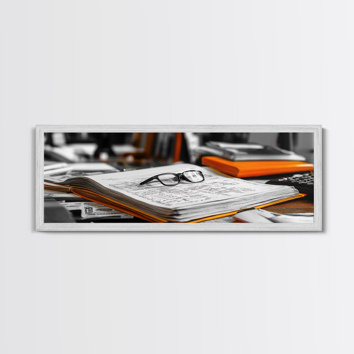 Open Book, Glasses, Orange Folders, Writer Desk, Framed Canvas Print, Study Room Wall Art, Vintage Academic Aesthetic