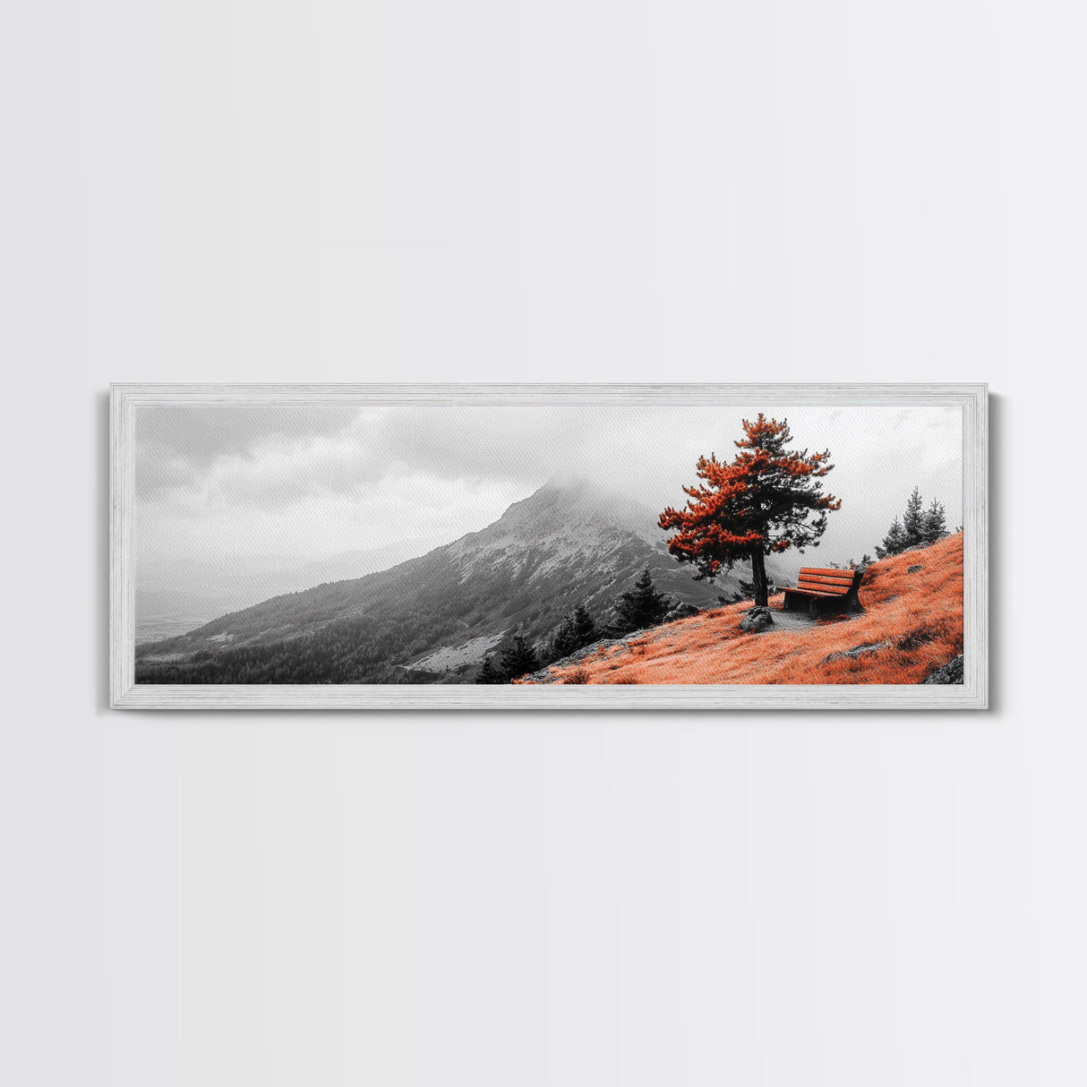 Scenic Bench, Autumn Hills, Serene Vista, Orange Tree — Framed Canvas Print, Minimalist Landscape Art, Fall Home Decor, Bedroom Wall Art