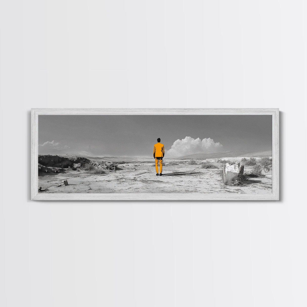 Yellow Suit, Surreal Desert, Lone Wanderer, Conceptual Art — Framed Canvas Print, Modern Art, Office Decor, Minimalist Statement Piece