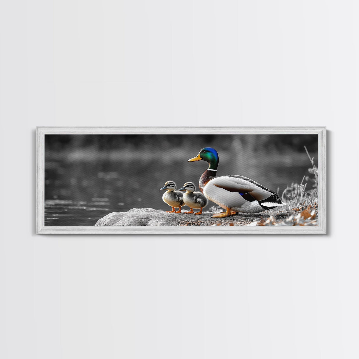 Duck Family, Nature Scene, Wildlife Birds, Lake Reflections, Framed Canvas Print, Nursery Decor, Cozy Art, Nature Lover Gift