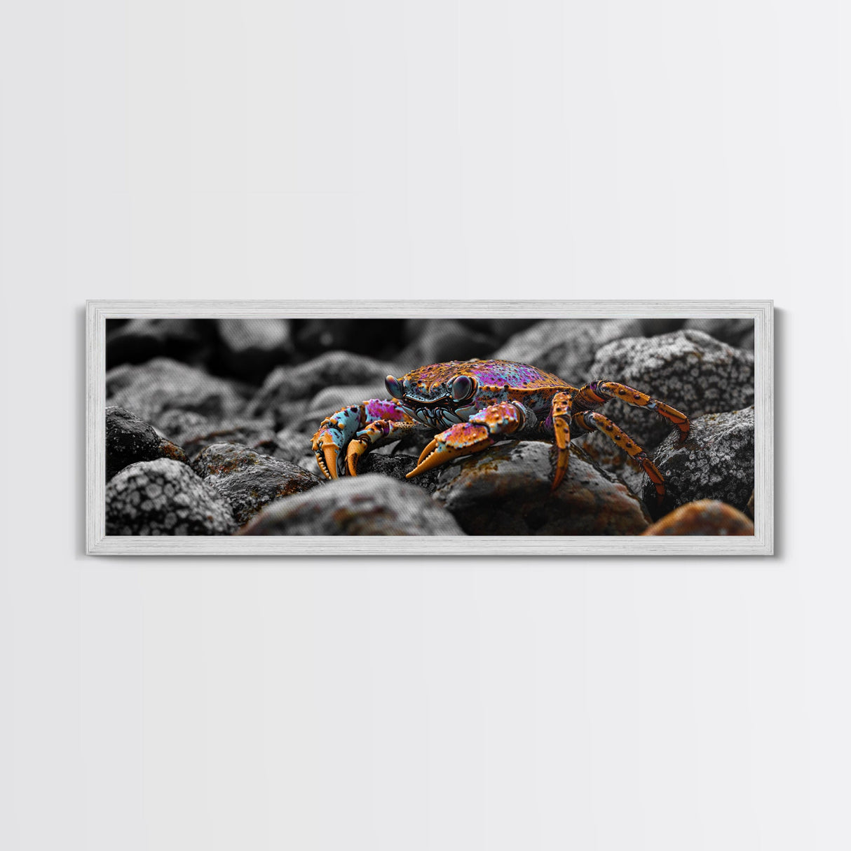 Rainbow Crab, Coastal Creature, Ocean Life, Vibrant Nature, Framed Canvas Print, Bathroom Wall Art, Coastal Home Decor