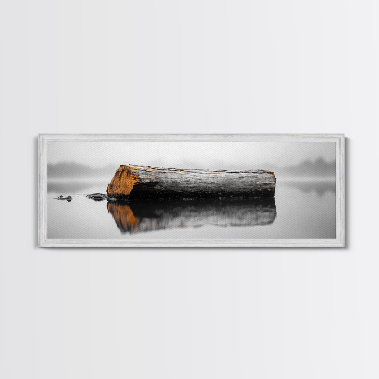 Weathered Log Reflection, Calm Lake Scene, Canvas Print, Minimalist Nature Photography, Zen Bathroom Wall Art, Serene Rustic Decor