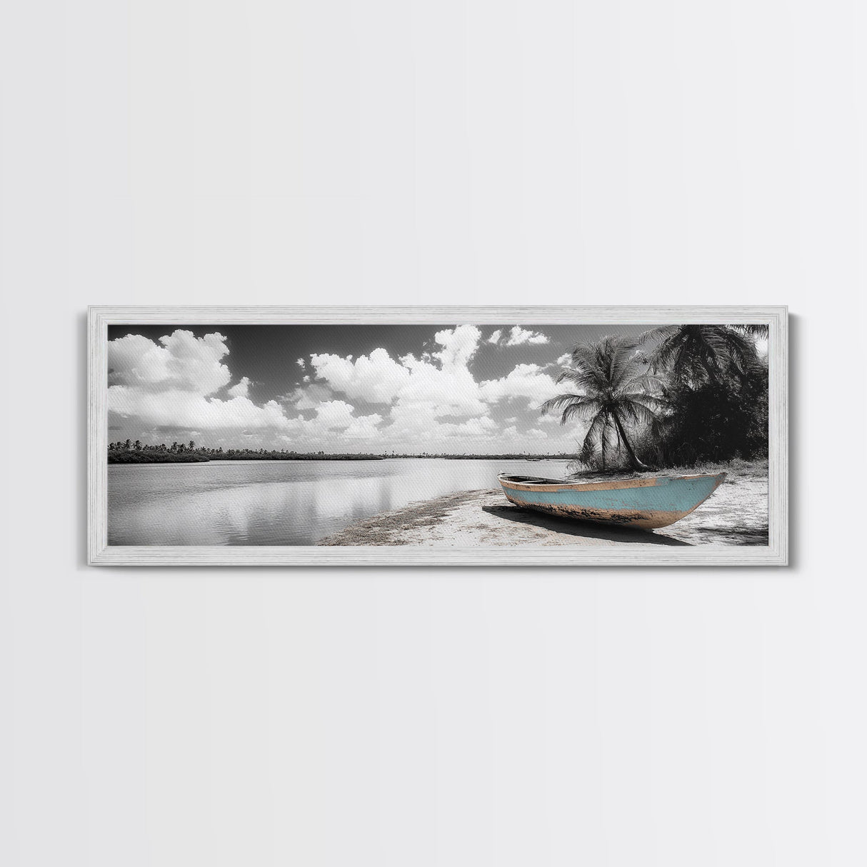 Tropical Boat, Deserted Beach, Palms and Clouds, Ocean Peace, Framed Canvas Print, Boho Wall Art, Bedroom Decor, Seaside Minimalism