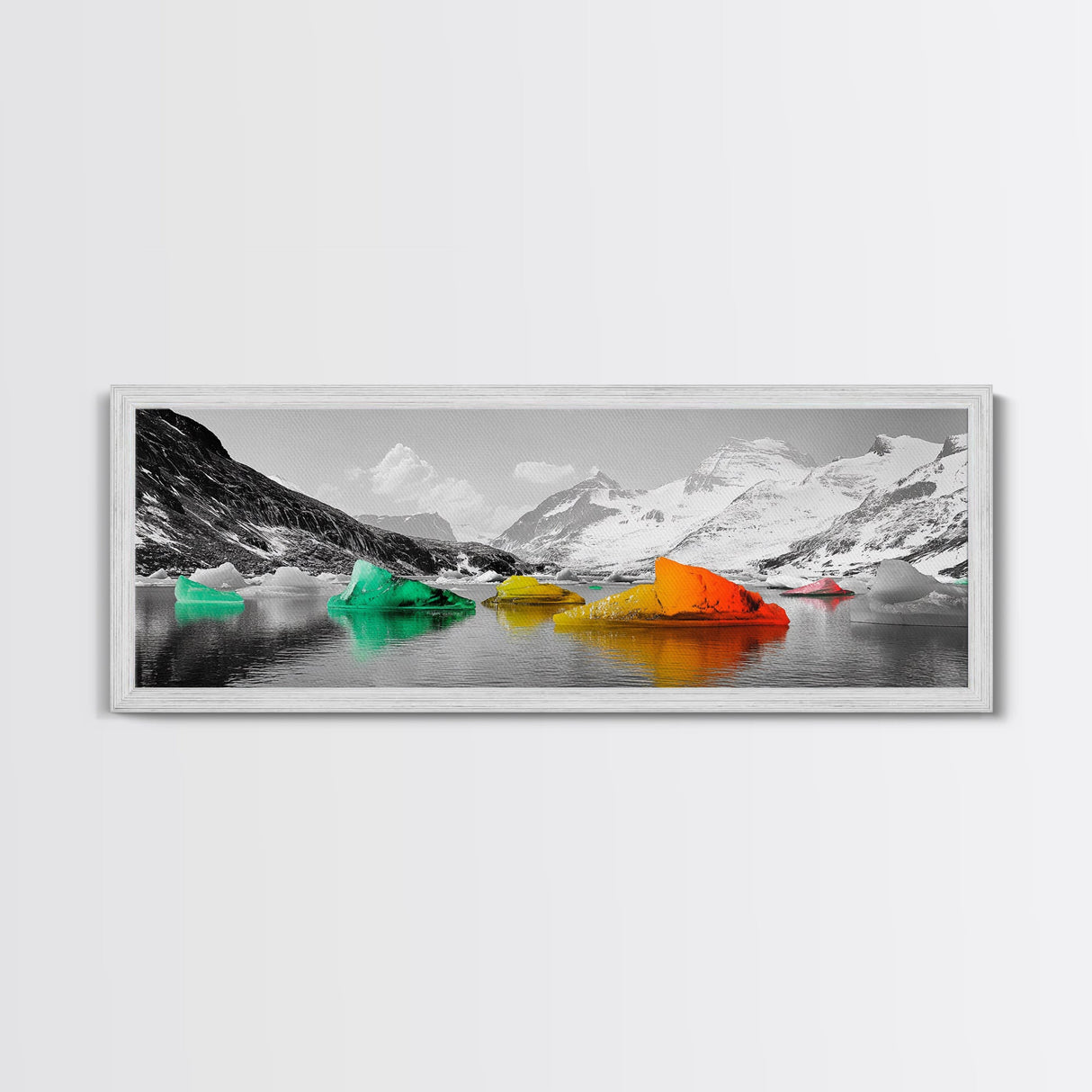 Rainbow Icebergs, Arctic View, Frozen Sea, Vibrant Chill, Framed Canvas Print, Kids Room Art, Surreal Landscape, Winter Fantasy