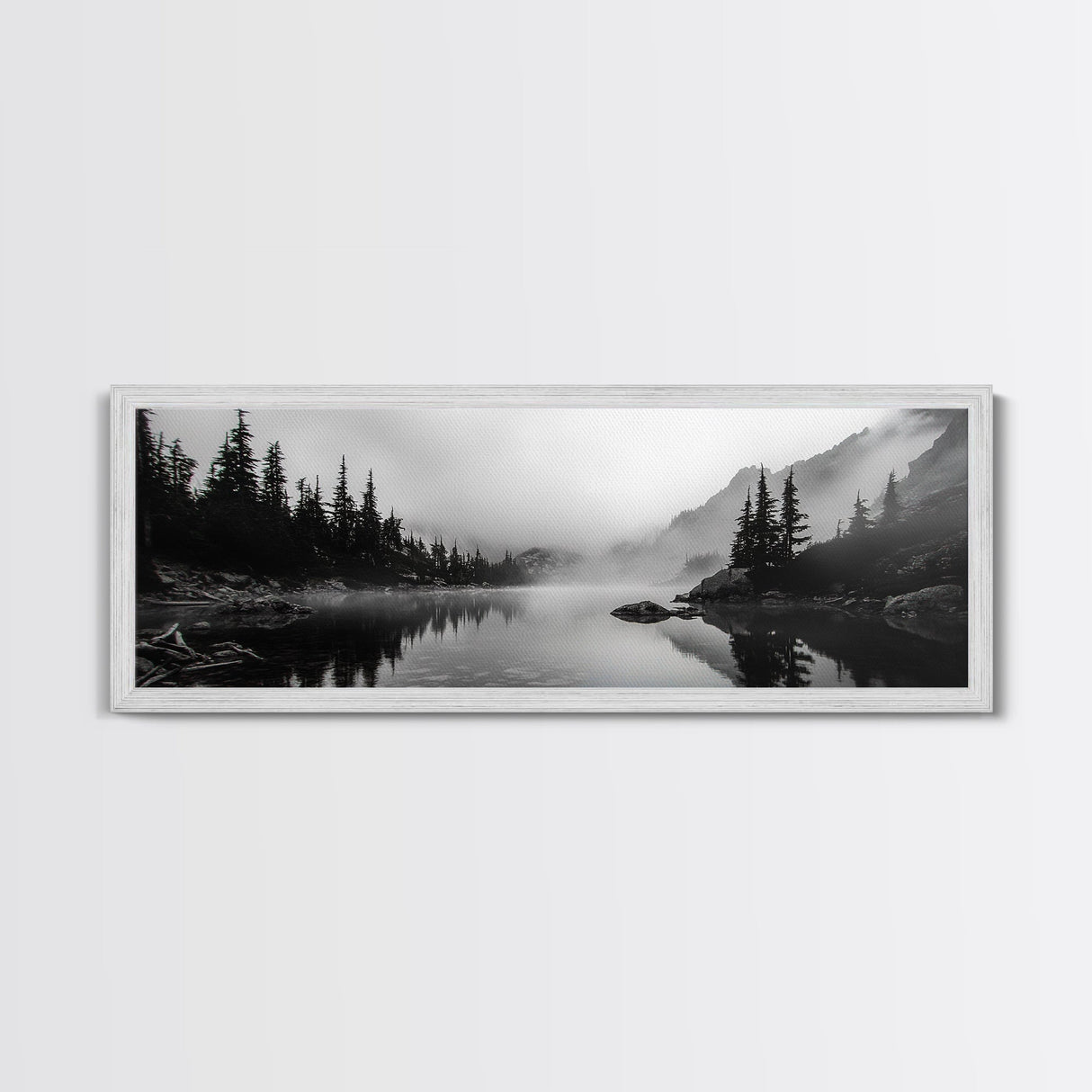 Foggy Pines, Mountain Reflection, Monochrome Wilderness, Canvas Print, black and white wall art, cabin decor, minimalist forest scene